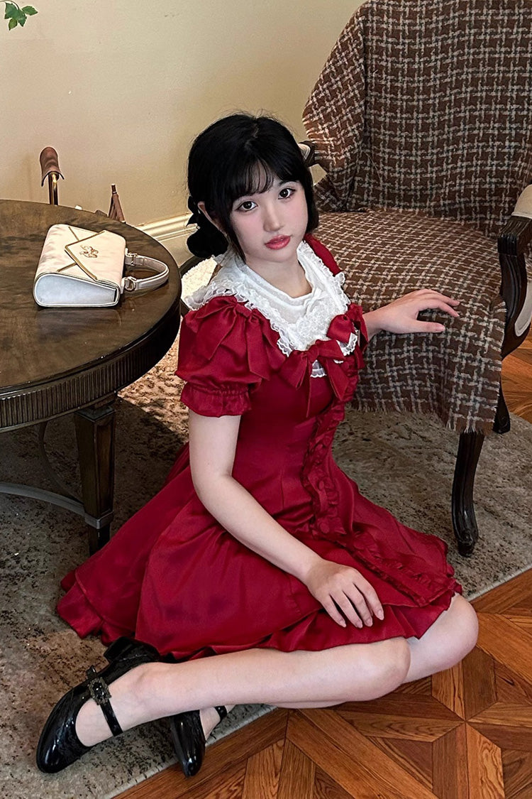 BXOXO - Wine Red Annie's Gift Short Sleeves Bowknot Short Version Sweet Lolita Dress (Plus Size Support)