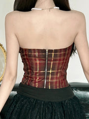 BXOXO - summer inspo Christmas Red Plaid Lace Trim Bandage Women’s Straps Tops Skinny Hotsweet Festive Atmosphere Blouses Fashion Trendy