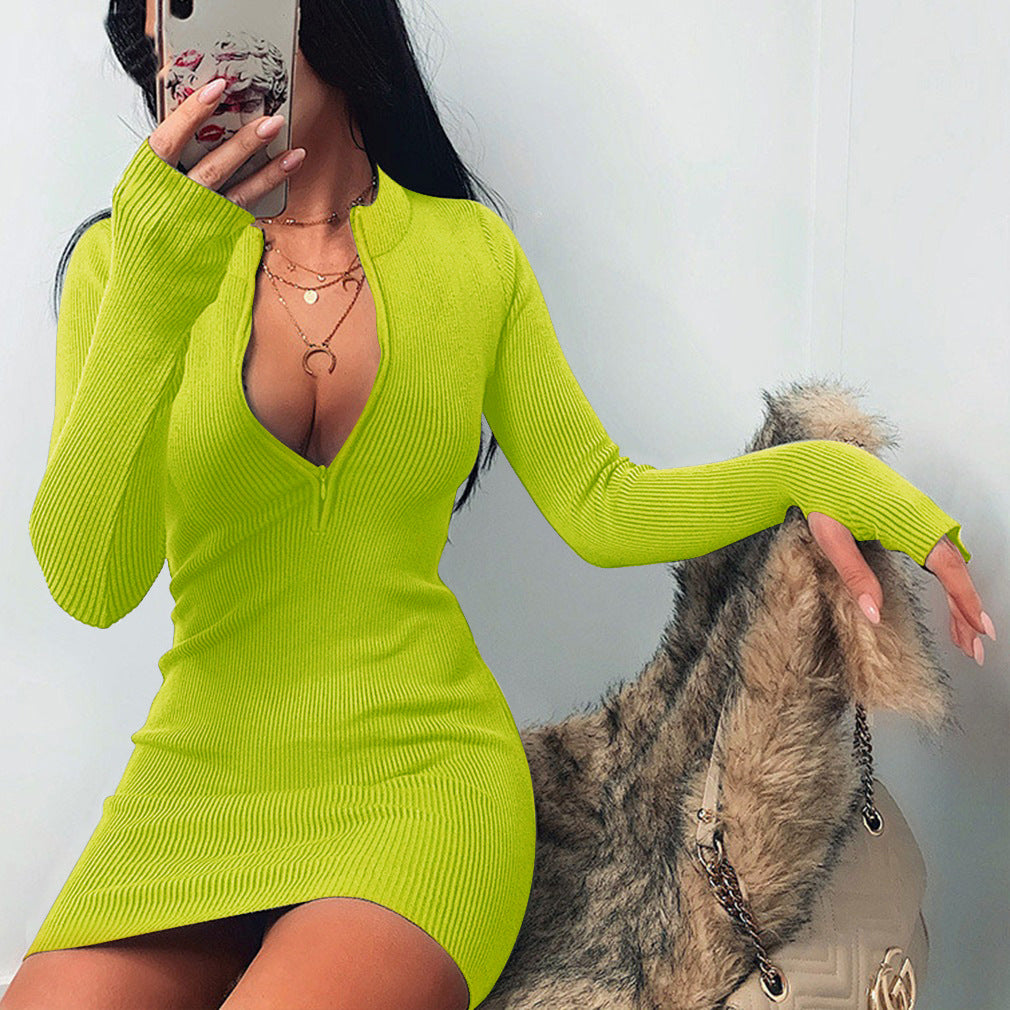 dress to impress outfits Autumn and Winter Women's Neckline Zipper All-Match Sexy Long-Sleeved Dress Slim-Fit Hip Skirt