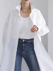 BXOXO Long Sleeves Loose Buttoned Solid Color Split-Side Lapel Collar Outerwear Shirts Tops