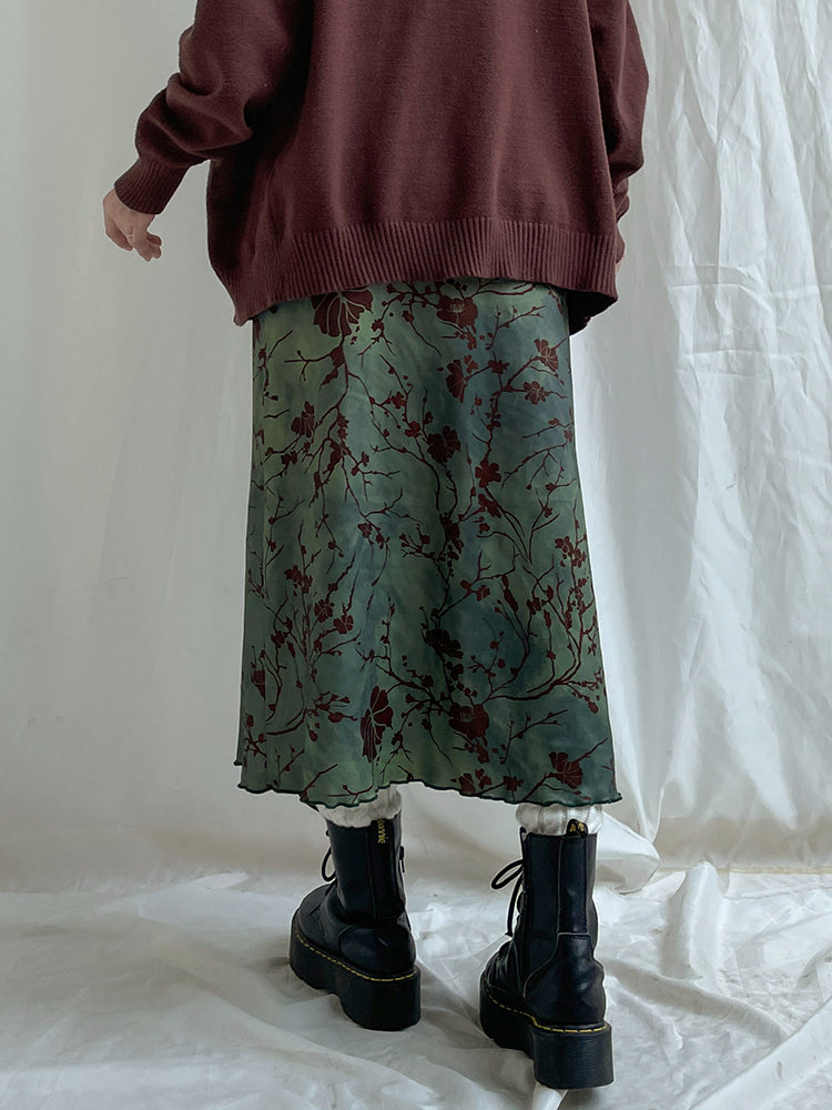 BXOXO - summer inspo Retro Green Floral Print Y2K Long Skirts For Women Vintage Aesthetic Frills Hem Cute Preppy Outfits