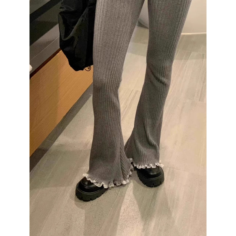 BXOXO party look inspos Deeptown Vintage Gray Lace Flare Pants Women Harajuku Elastic Waist Korean Fashion Knit Trousers Slim Solid Color Winter Casual