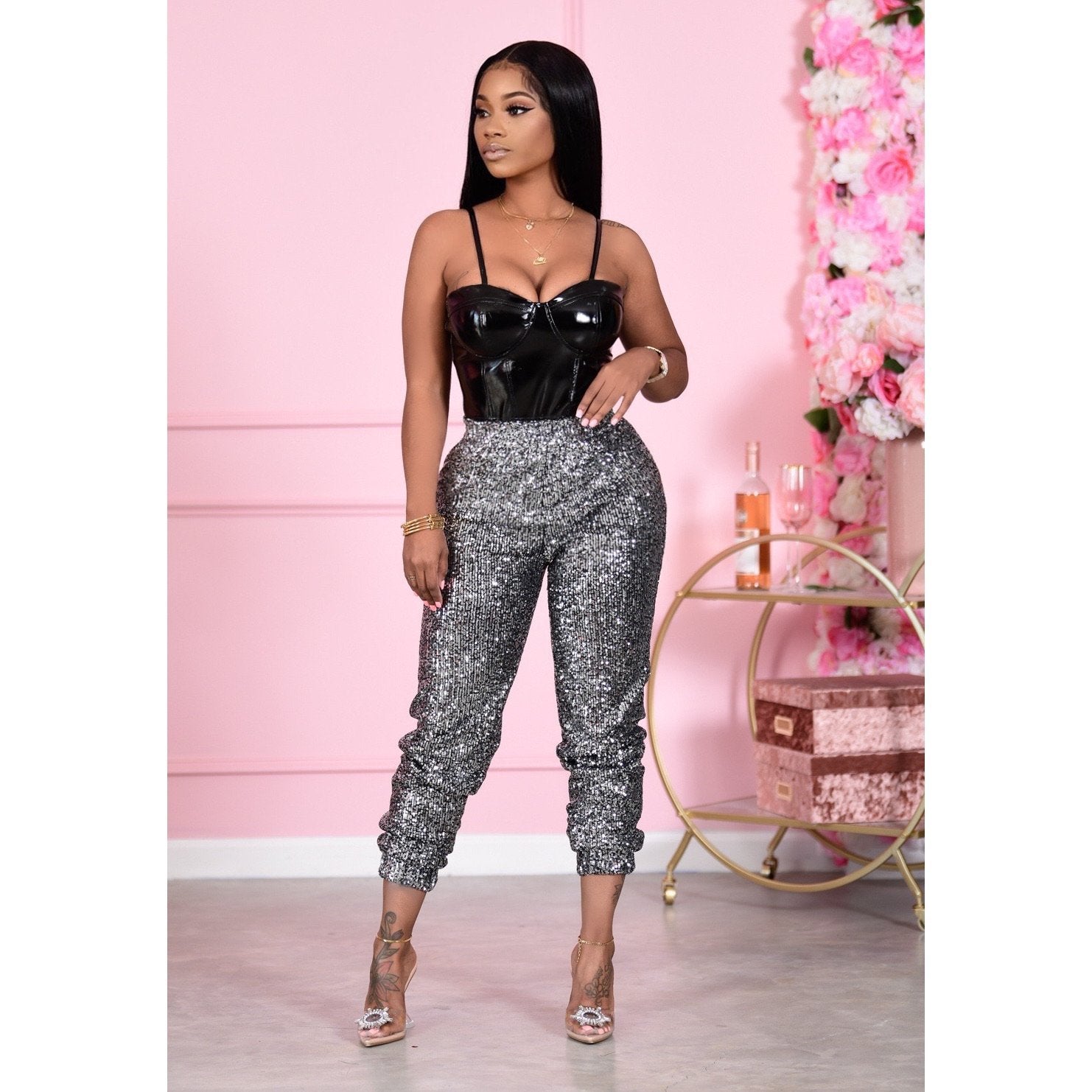 Autumn and Winter Stretch Sequined Women's Casual Bottoming Pants