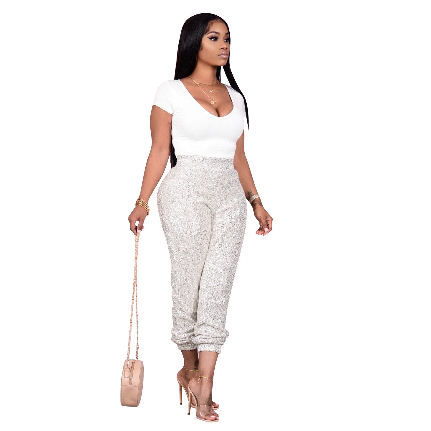 Autumn and Winter Stretch Sequined Women's Casual Bottoming Pants