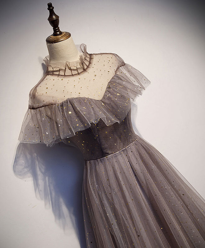 BXOXO Unique Tulle Long Prom Dress, Tulle Gray Evening Dress