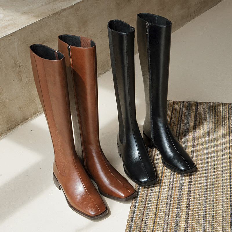 barn jacket outfits All-Leather Brown Boots Produced All Year round Women's Autumn High Heel Two-Layer Cowhide Fleece-lined Warm Knight