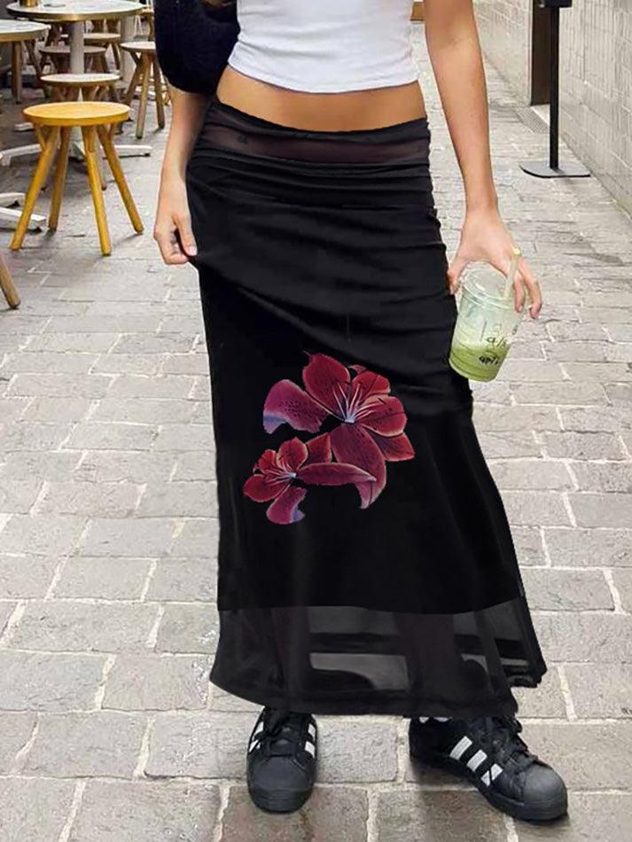 BXOXO - Vintage Floral Print Double-Layer Mesh Maxi Skirts