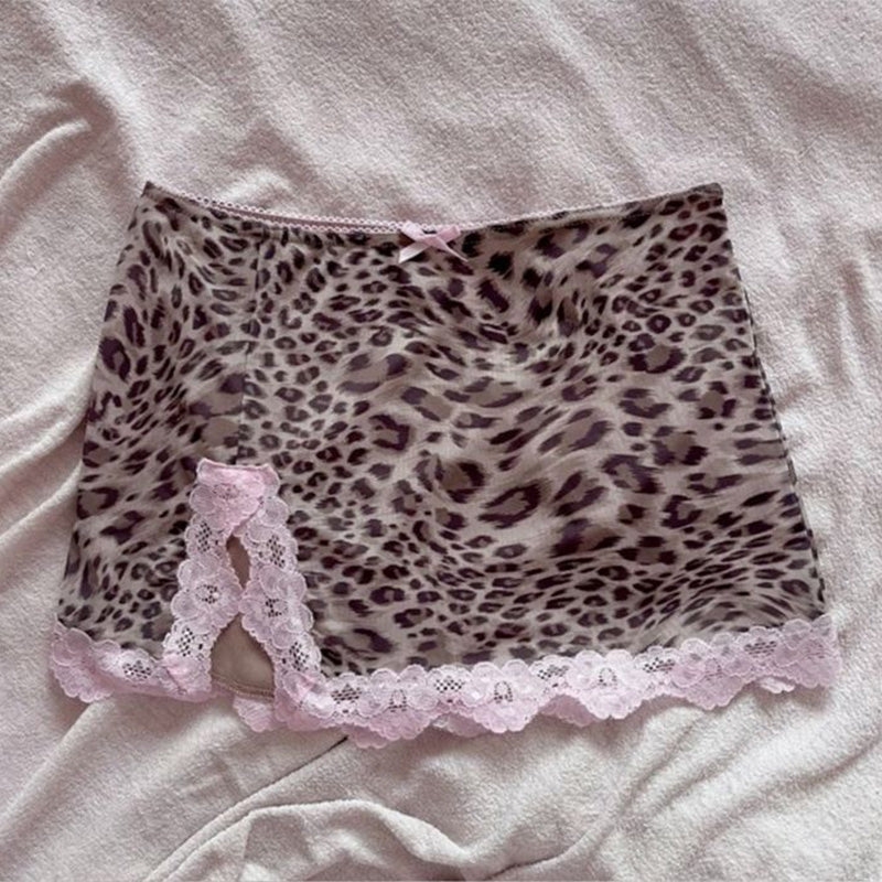 Bxoxo Streetwear Fashion vintage Women's Skirt Leopard Lace Y2K Emo Girls Chic Harajuku Casual Slim Summer Punk Gothic Mini Hip Skirt