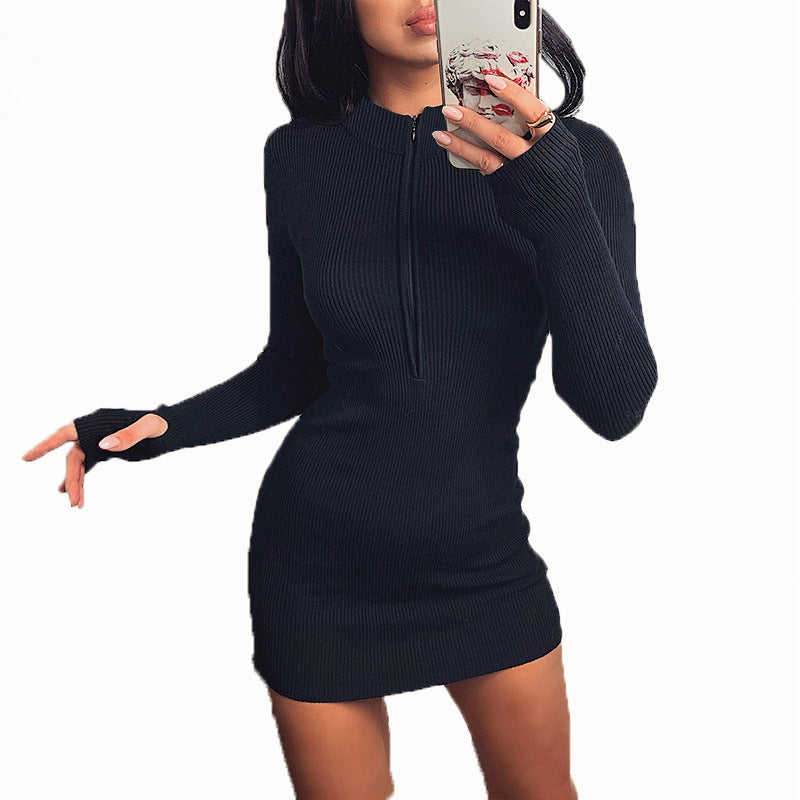 dress to impress outfits Autumn and Winter Women's Neckline Zipper All-Match Sexy Long-Sleeved Dress Slim-Fit Hip Skirt