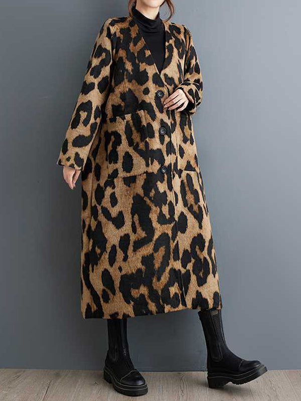 BXOXO Long Sleeves Loose Buttoned Leopard Pockets Split-Joint V-Neck Outerwear Trench Coats