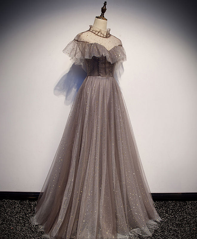 BXOXO Unique Tulle Long Prom Dress, Tulle Gray Evening Dress