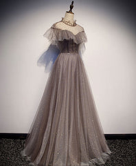 BXOXO Unique Tulle Long Prom Dress, Tulle Gray Evening Dress