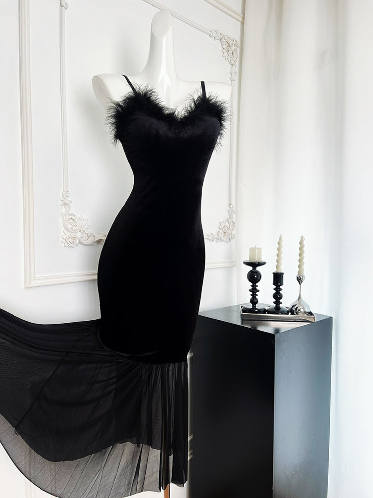 BXOXO - summer inspo French Style Elegant Velvet Suspender Dress For Women's Autumn New Black Temperament Fishtail Evening Dress