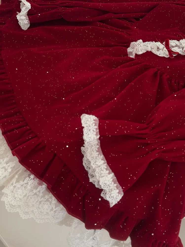 BXOXO Autumn French Sweet Elegant Velvet Short Dress Women Red Design Bow Lace Party Dress Christmas New Year Chic Holiday Clothing