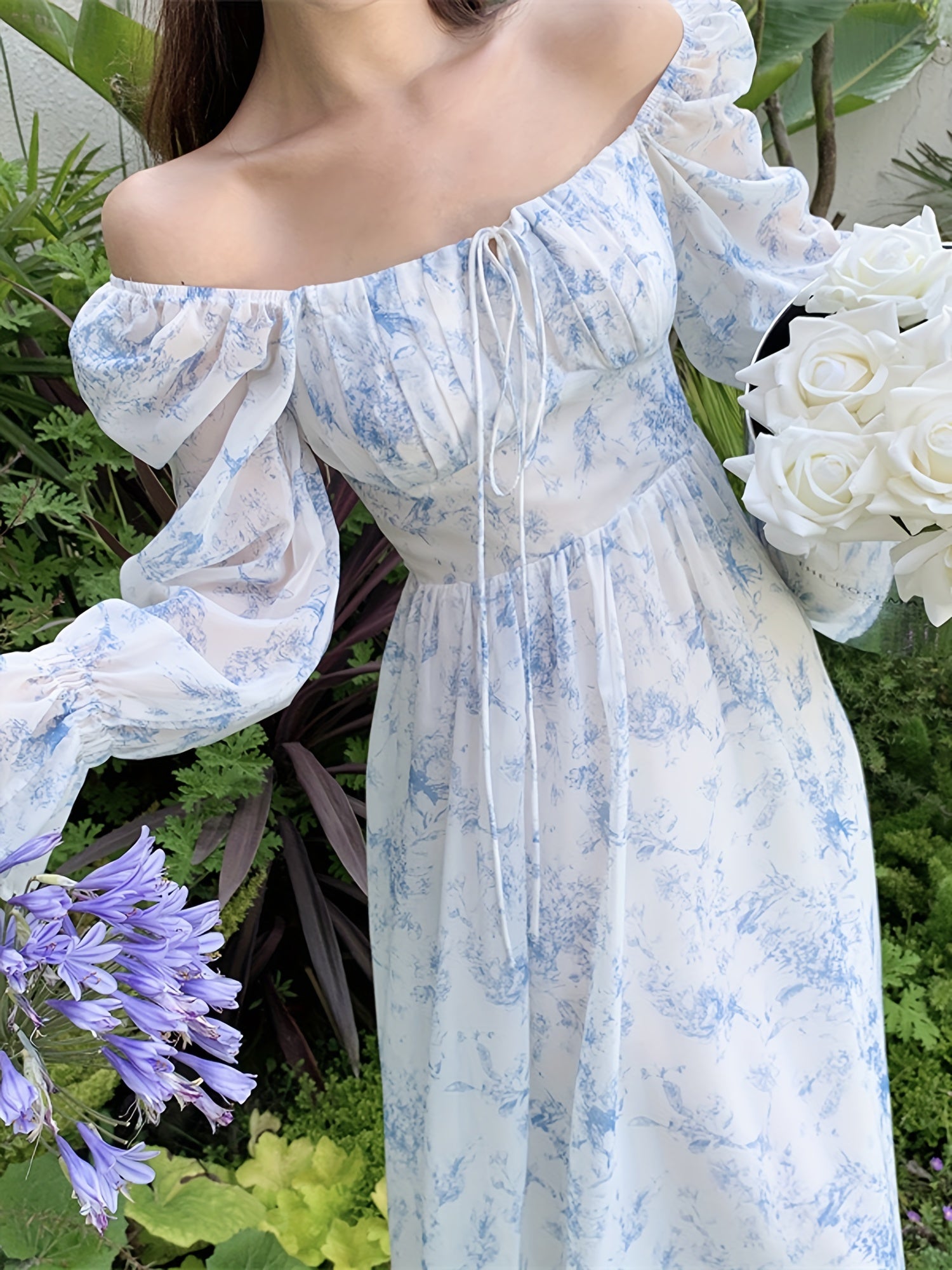 BXOXO Women's Floral Print Square Neck Chiffon Dress with Long Bell Sleeves - Mid-Length H-Line Silhouette, Smocked Detailing & Flowy Umbrella Hem for Casual to Formal Occasions, Floral Print Dress