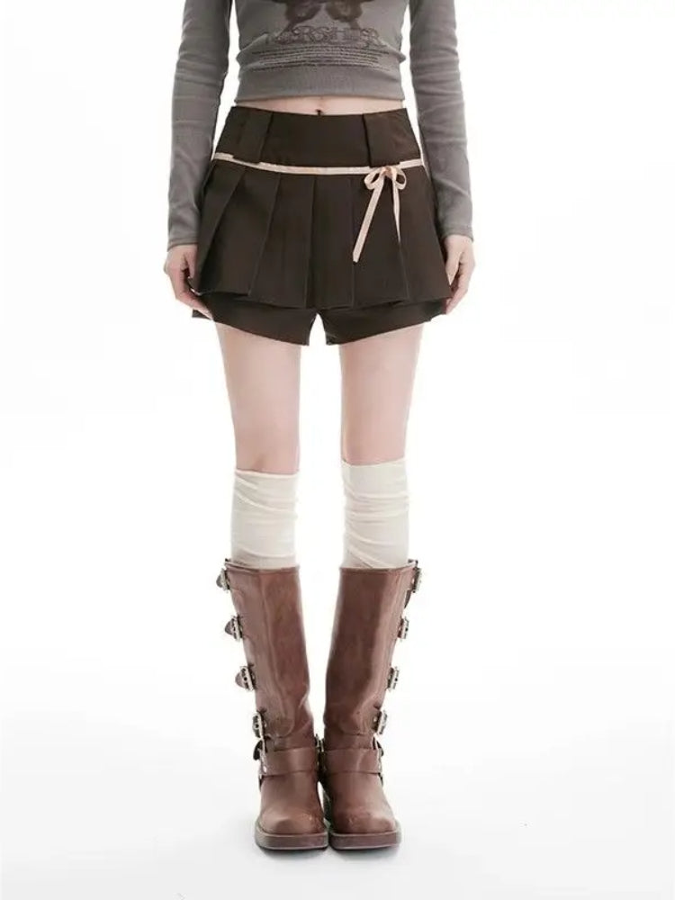 BXOXO Sweet Y2k Bow Pleated Skirts Women Coquette Brown Skirt Shorts Kawaii Vintage A-line Solid Mini Skirts Aesthetics Sexy