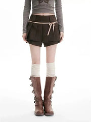 BXOXO Sweet Y2k Bow Pleated Skirts Women Coquette Brown Skirt Shorts Kawaii Vintage A-line Solid Mini Skirts Aesthetics Sexy