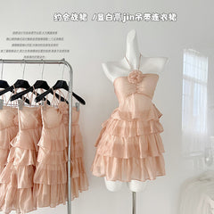 BXOXO - summer inspo Fashion Sweet Roses Multilayers Ruffles Dress Hanging Neck Pleated Lotus Irregular Backless Dress Wrinkled Skirt Vestidos