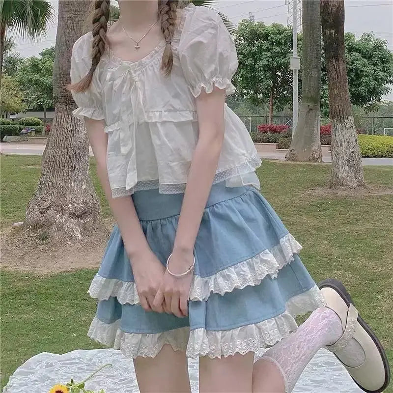 BXOXO Kawaii Lace Skirt Cute Hot Girl Clothing Summer Cake skirt Casual Loose Korea Blue 2000s Sweet Women Skirts Low-waist Y2k Skirts