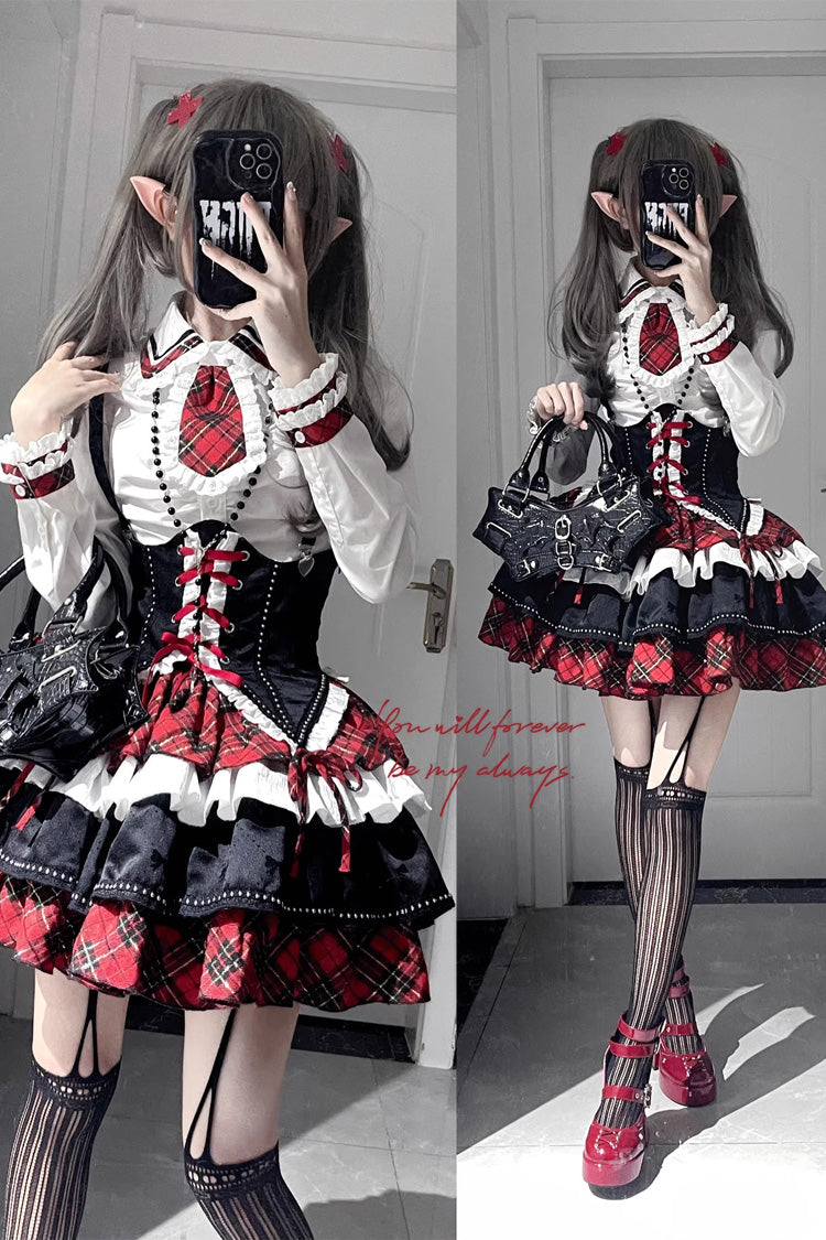 BXOXO Red/White/Black Multi-layer Ruffle Opera Rock Girl Gothic Lolita Strap Dress Set