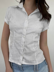 BXOXO - summer inspo Sweetown White Stripe Puff Short Sleeve Button Shirts For Women Basic Simple Casual Seumme Preppy Tops Y2K Korean Clothes