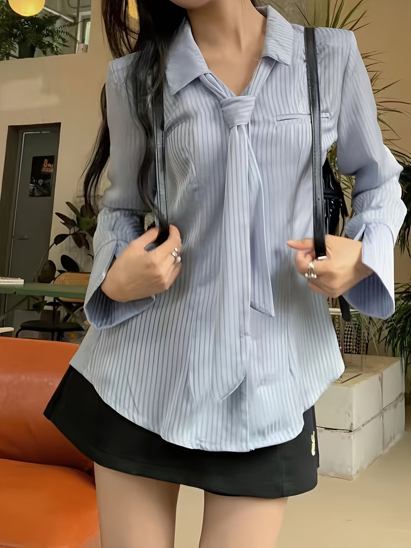 BXOXO [Polyester Chic Button-Up] Chic Polyester Long Sleeve Button-Up Shirt - Women's Spring/Summer Fashion Top with Non-Transparent Letter Pattern and Shoulder Pads