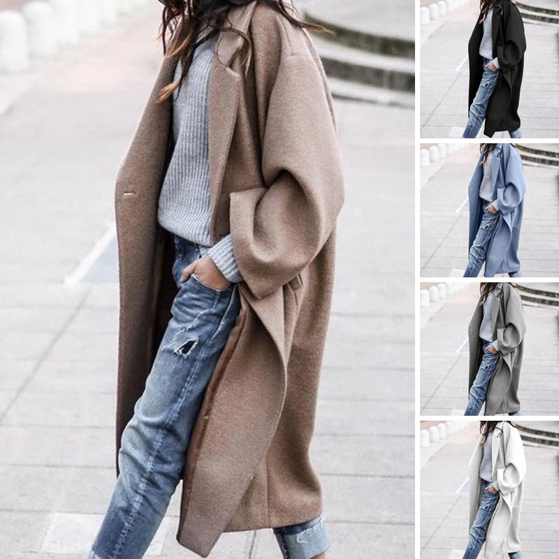 casual fall outfits Coat Autumn and Winter Women's Casual Long Solid Color Warm Woolen Coat