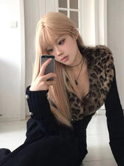 BXOXO Sexy Leopard Knitted Cardigan Vintage Y2k Japanese V-neck Sweater Long Sleeve Streetwear Harajuku Aesthetic 90s Cardigan