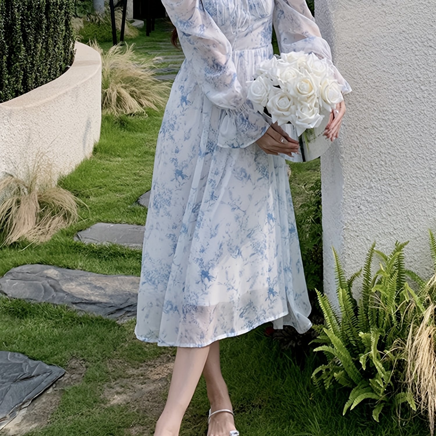 BXOXO Women's Floral Print Square Neck Chiffon Dress with Long Bell Sleeves - Mid-Length H-Line Silhouette, Smocked Detailing & Flowy Umbrella Hem for Casual to Formal Occasions, Floral Print Dress