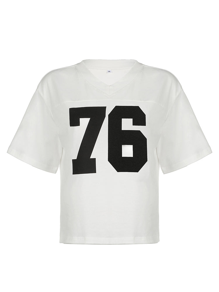 BXOXO - summer inspo Digital Print Casual Loose White T Shirts For Women V Neck Short Sleeve Preppy Streetwear Summer Top Tees Football Jersey