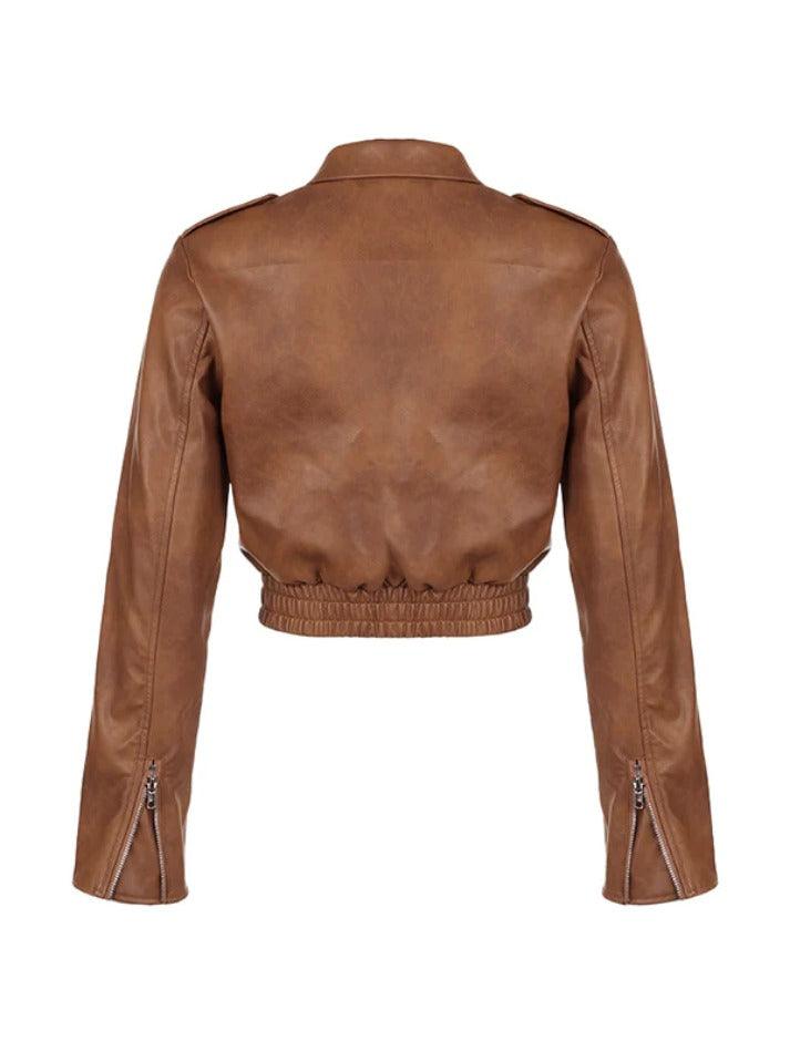 Zip Up Lapel Neck Leather Short Jacket