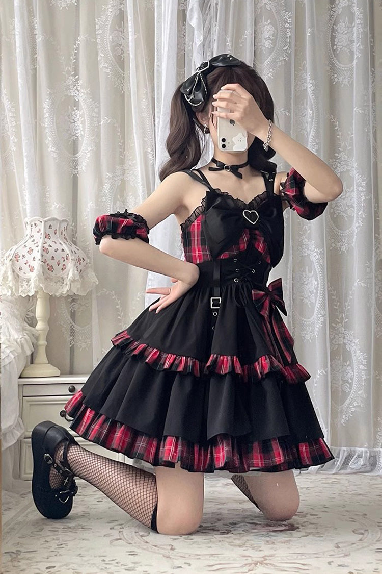 BXOXO - Black/Red Plaid Print Color Contrast Leather Buckle Bowknot Ruffle Gothic Lolita JSK Dress