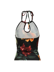BXOXO - summer inspo Vintage Aesthetic Big Floral Print Slim Backless Tie Halter Top Women Summer Vacation Tank Vest