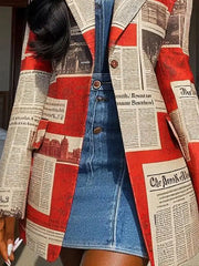 BXOXO Long Sleeves Loose Buttoned Newspaper Print Pockets Split-Joint Notched Collar Blazer Outerwear