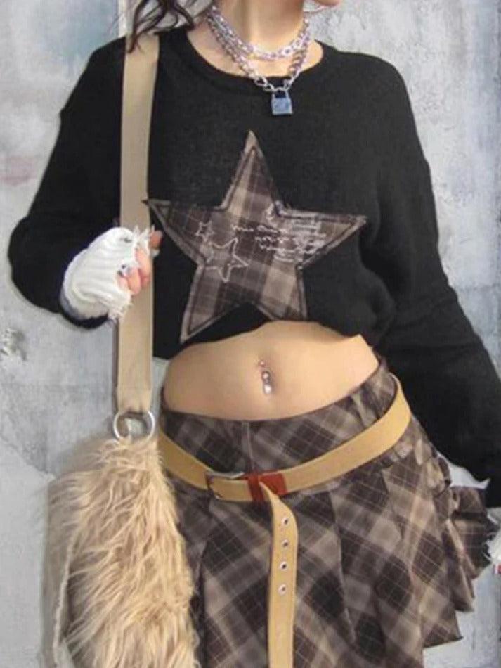 Vintage Plaid Star Patch Crew Neck Long Sleeve Knit