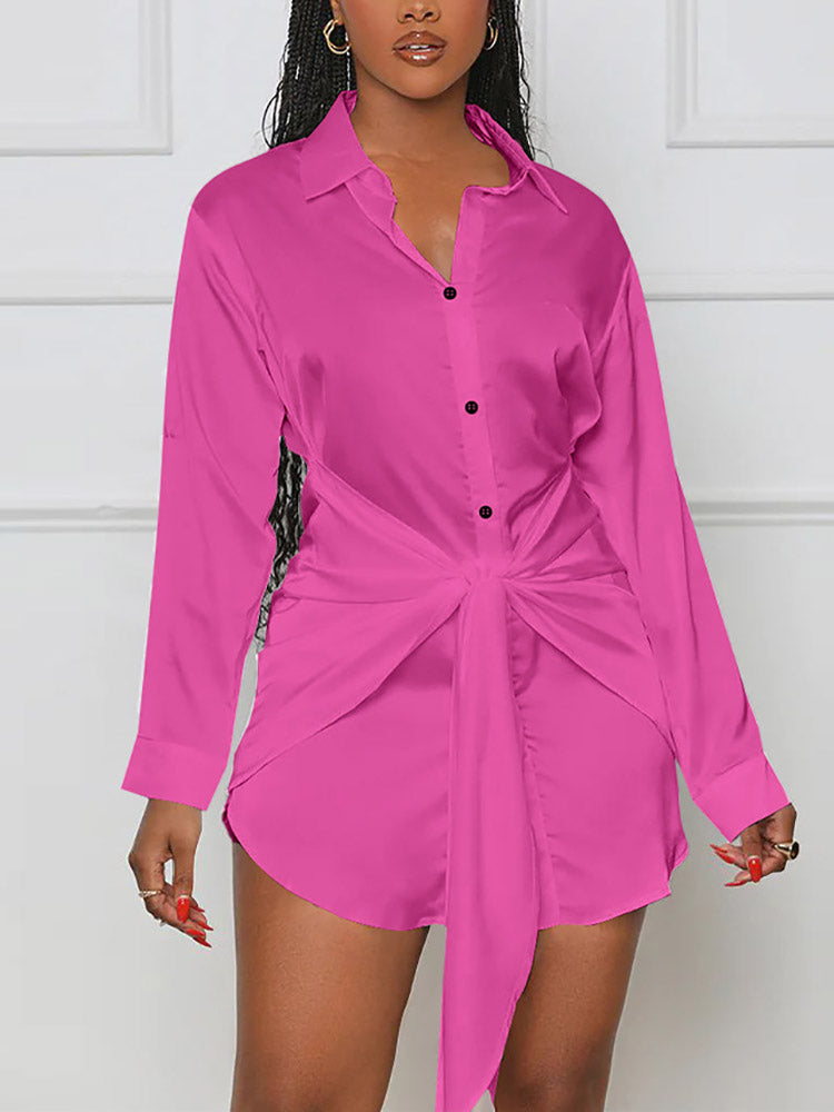 Satin Tie Waist Shirts Dress