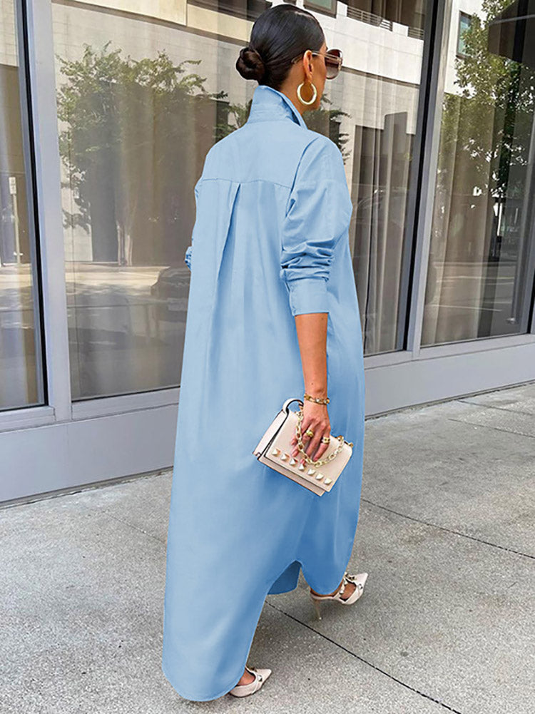 Solid Button Split Shirt Dress