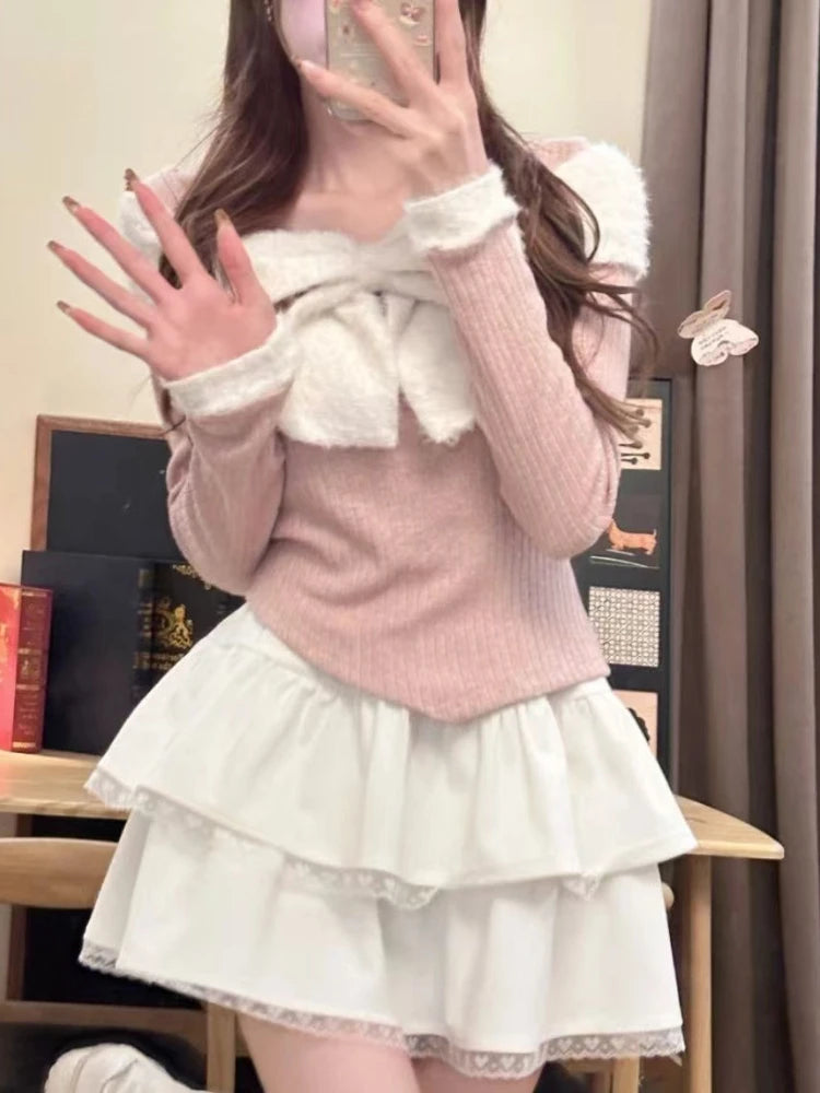 BXOXO Autumn Winter Women Korean Fashion Ballet Core Girl Outfits 2 Piece Set Long Sleeve Sweet Bow Crop Tops + Mini Skirt Coquette