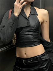 BXOXO - summer inspo Hot Sexy Gyaru Slim Fit Leather Short Tops Women Halter Up Turn Down Collar Fashion Trendy Backless Design Tanks