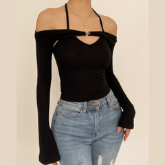 Long Sleeve off Shoulder Knitted 2 Piece Top