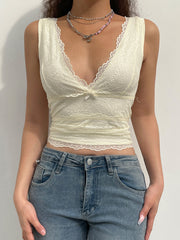 BXOXO - summer inspo Solid Sleeveless Two Layer Lace V Neck Slim Y2K Crop Top Women Cute Basic Summer Vest