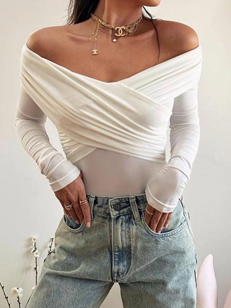 BXOXO - summer inspo Black Solid Off Shoulder Cross Elegant Sexy Slim Long Sleeve T-Shirt Women White Basic Cropped Tee