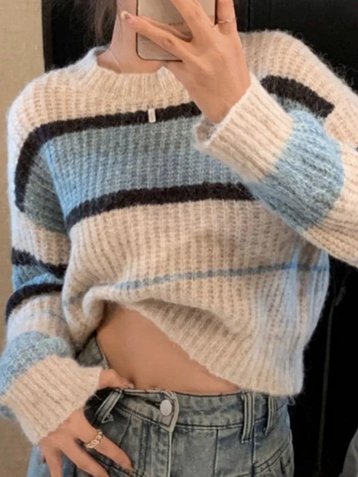 Stripe Contrast Color Short Loose Sweater