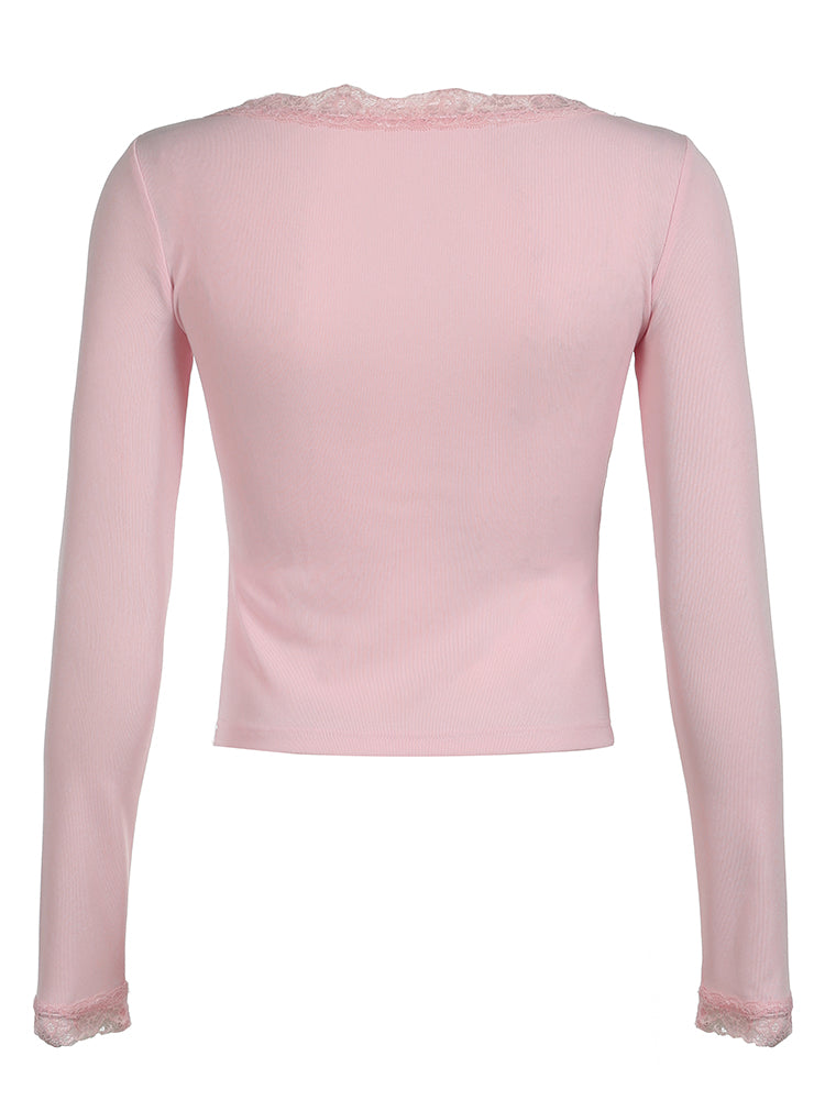BXOXO - summer inspo Pink Sweet Basic Slim Long Sleeve Tees Top T Shirts Women Cross Tie Lace Patchwork Cute Japanese Kawaii Y2K Clothes