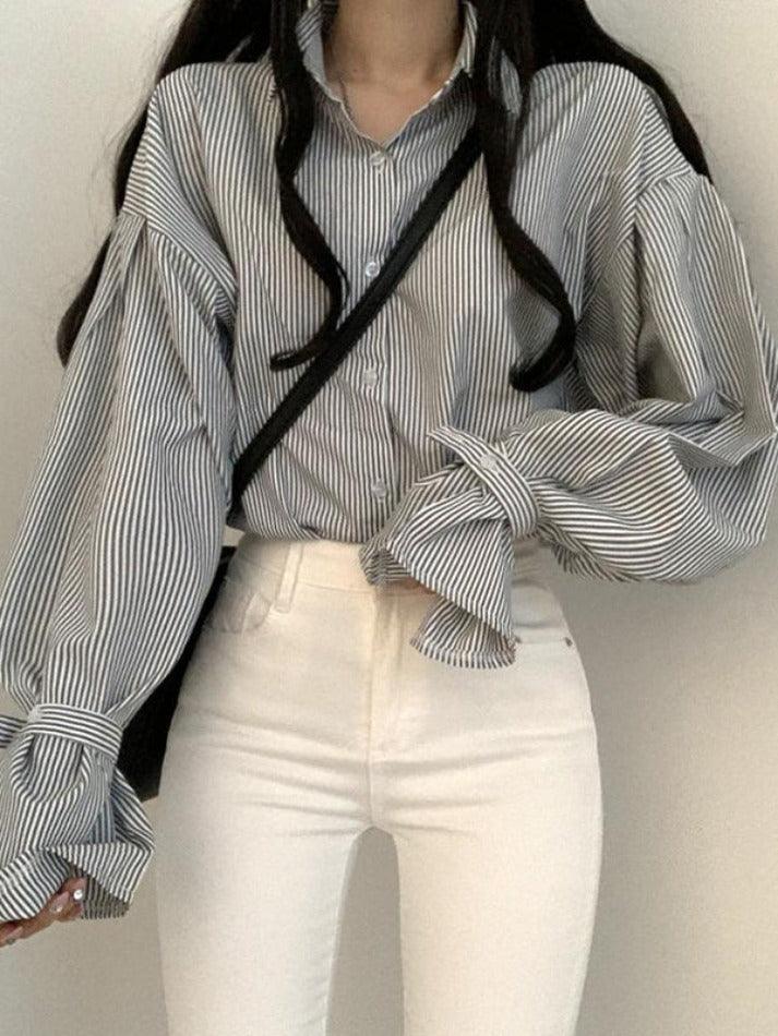Stripe Lantern Sleeve Long Sleeve Blouse