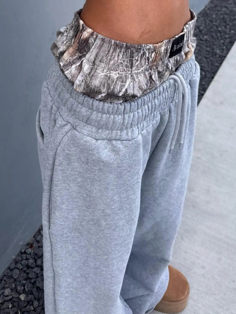BXOXO Y2K Retro Sweatpants Double Waisted Embroidered Camouflage Pattern Wide Leg Pants Casual Streetwear Unisex Baggy Pants