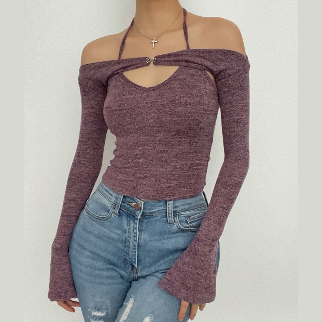 Long Sleeve off Shoulder Knitted 2 Piece Top