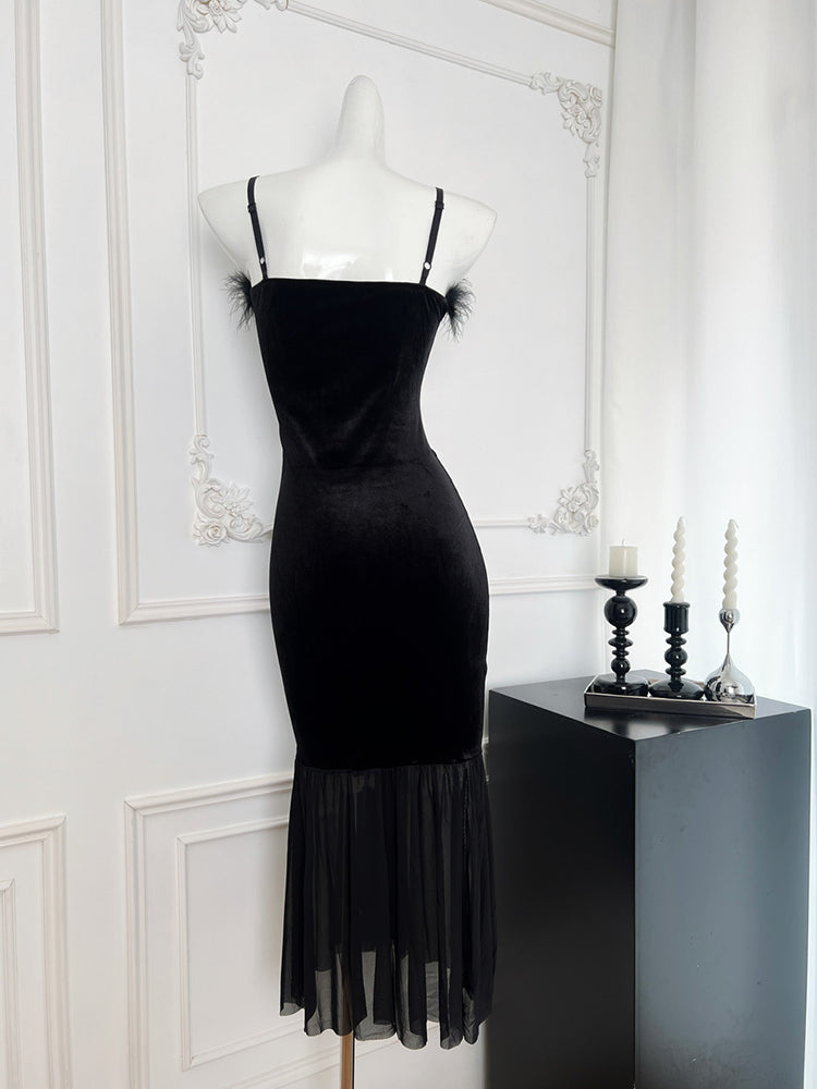 BXOXO - summer inspo French Style Elegant Velvet Suspender Dress For Women's Autumn New Black Temperament Fishtail Evening Dress