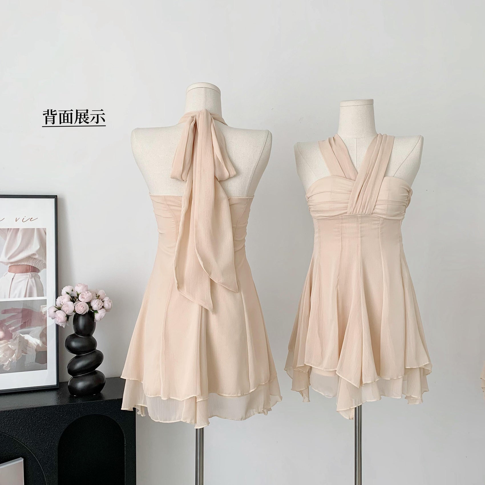 BXOXO - summer inspo Dresses For Women 2025 Skinny Waist Small A Skirt Open Back Off-the-shoulder Halter Neck Irregular Mini Dress