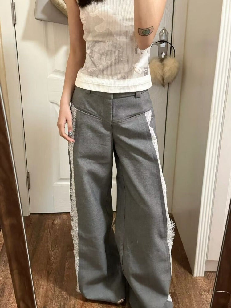 BXOXO Vintage Lace Dress Pants Woman Wide Leg Gray High Waist Suit Pants Baggy Y2k Casual Elegant Trouser Office Wear Harajuku